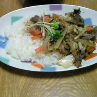 男の料理！肉野菜炒め添え飯～パパ作。